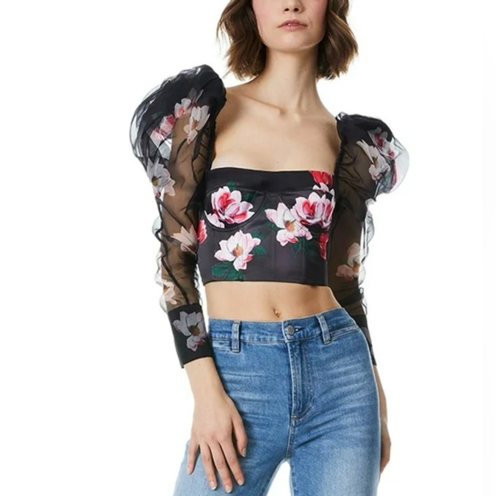 Alice + Olivia Floral Puff Sleeve Sheer Crop Top – Size 2 – NWT $440